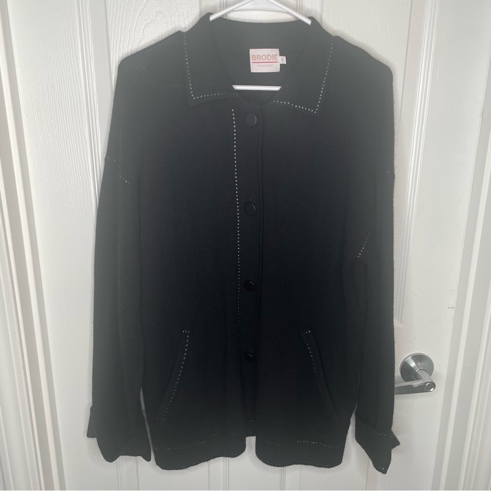 Brodie Cashmere Longline Cardigan Dad Style Sweater Quiet Luxury Cozy in Black M